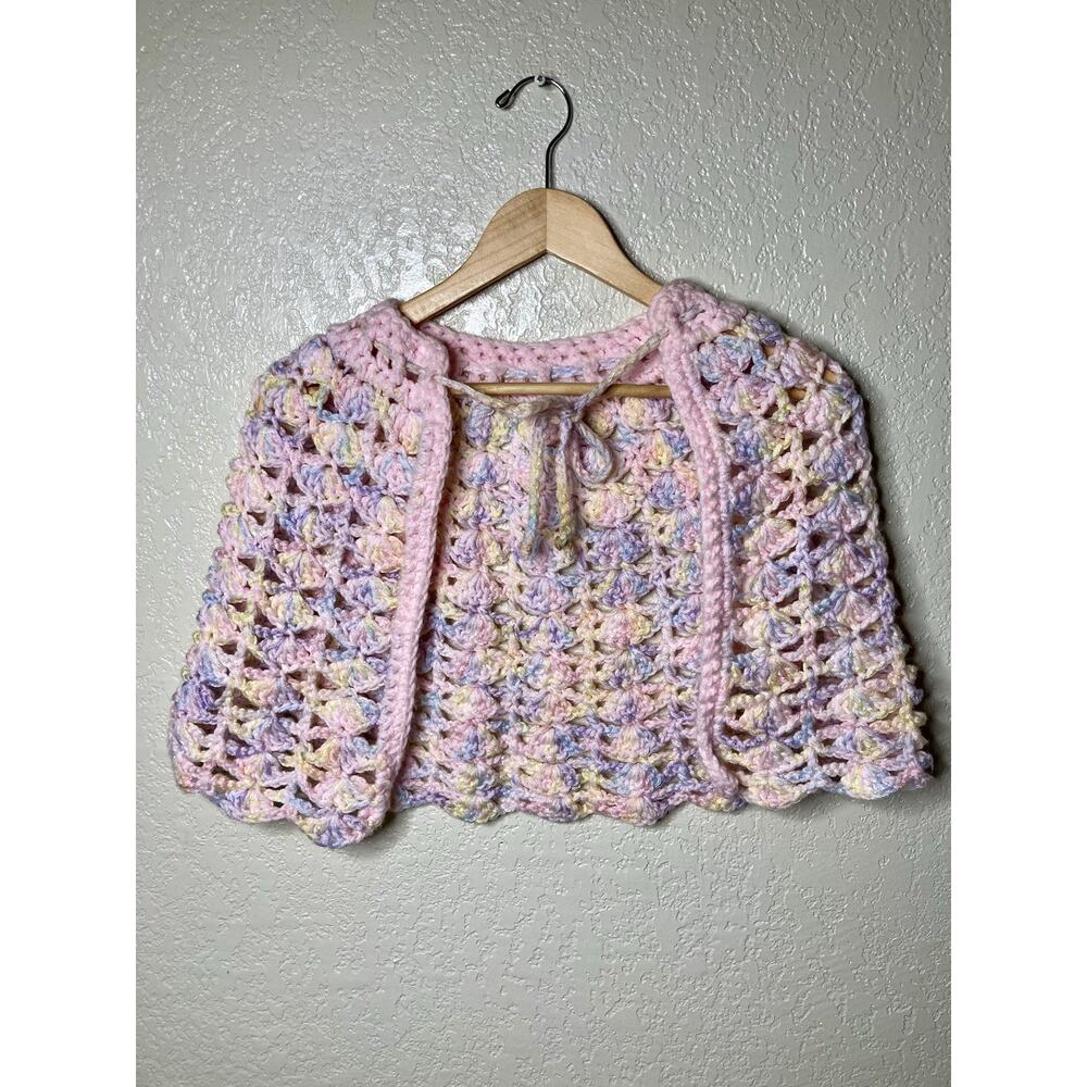 Handmade Girl’s Crochet Cape Multicolor Pink With Tie Front 36” From End To End